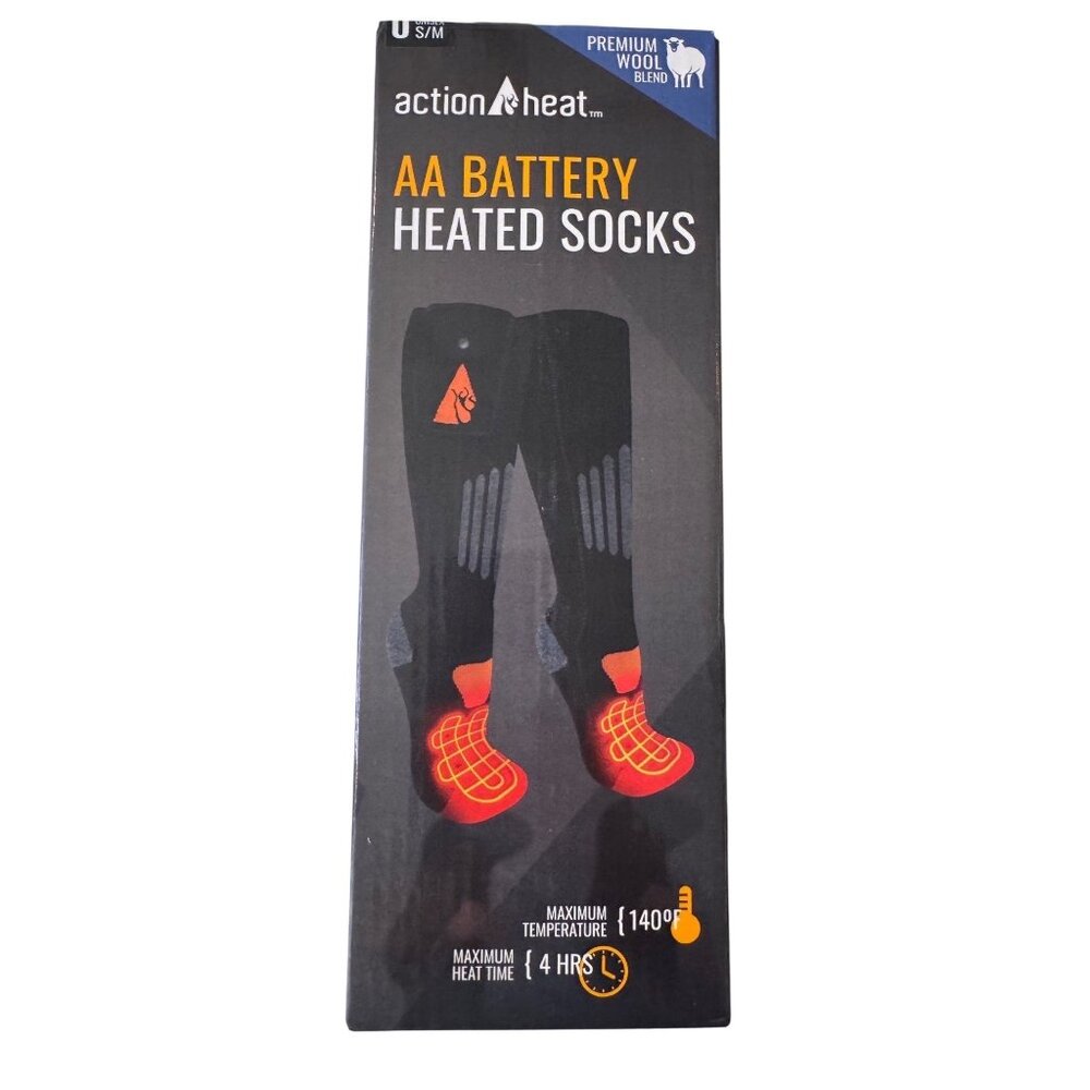 Action Heat AA Battery Heated Socks Unisex Size L/XL Premium Wool Blend 4 HRS NW